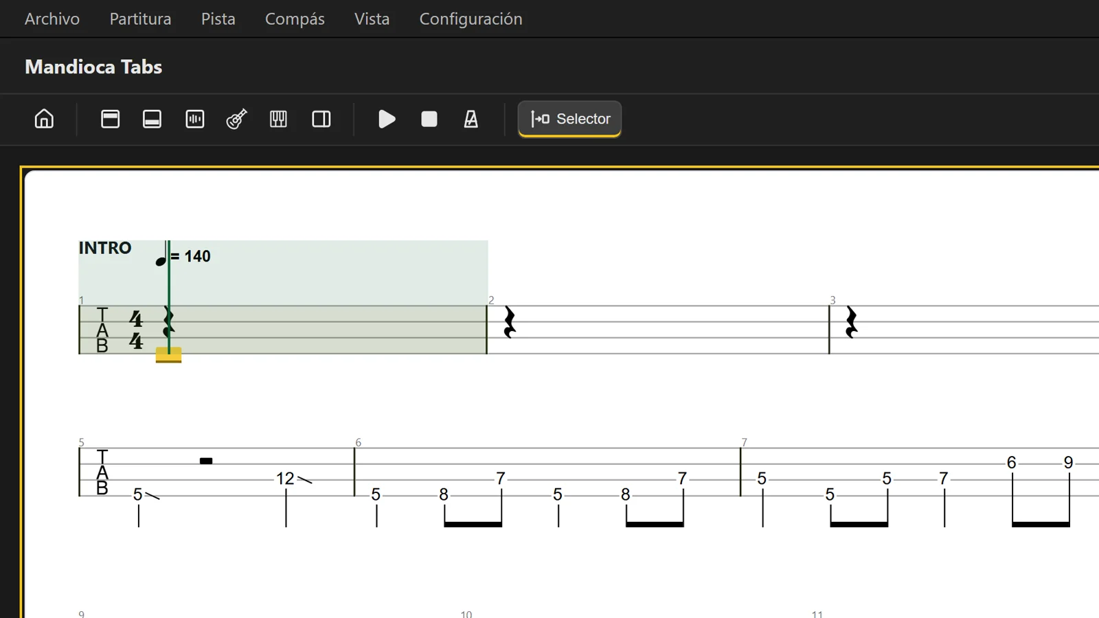 Captura de Mandioca Tabs con la tablatura de «El pibe de mi barrio»: intro, compases y la letra del primer verso